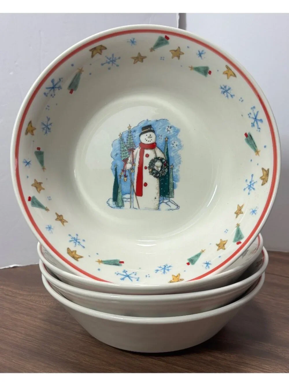 Enchanted Forest Snowman Bowls Set of 4 Christmas Holiday Winter